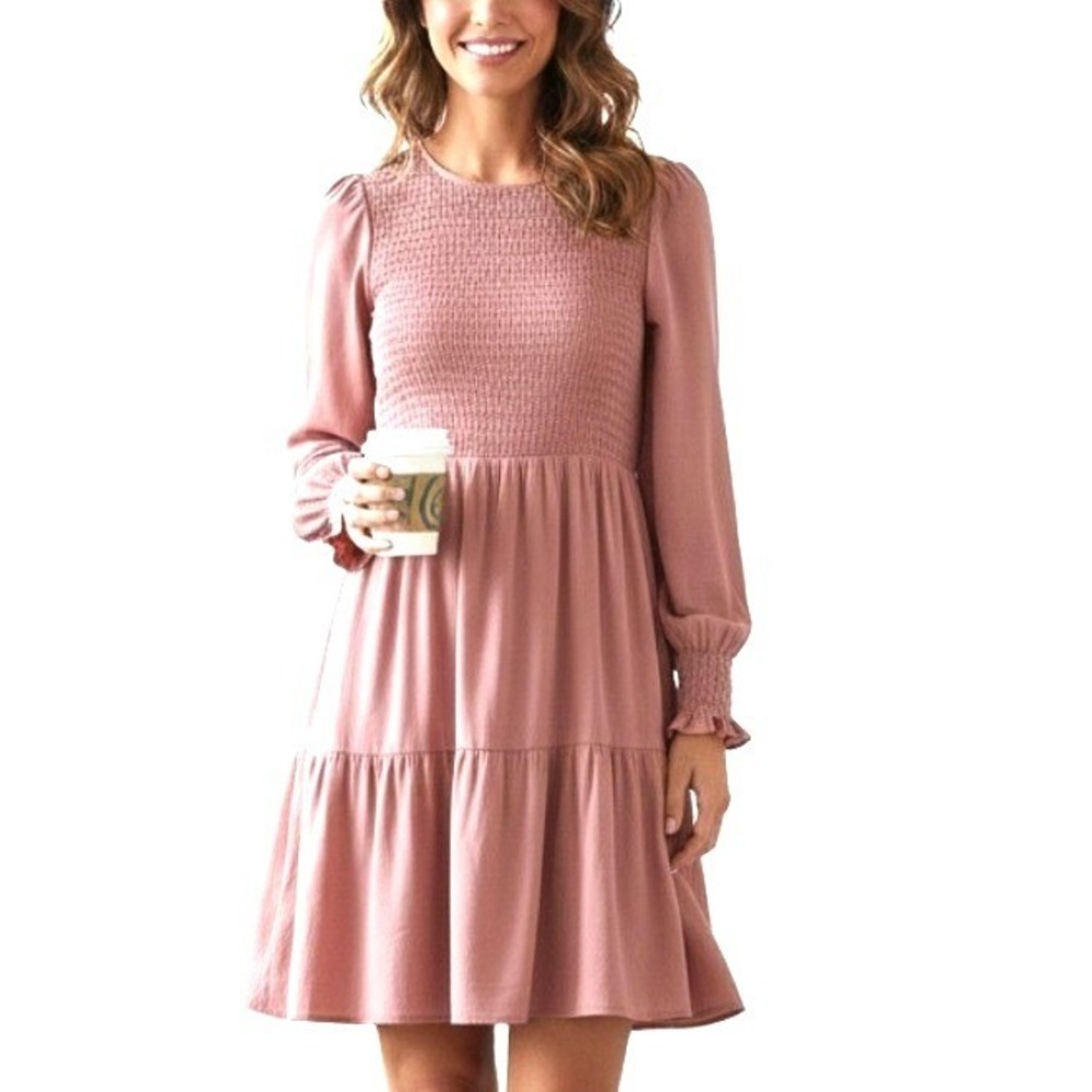 Meroketty Mini Dress Womens S Pink Smocked Tiered‎ Long Sleeve NWoT Flowy